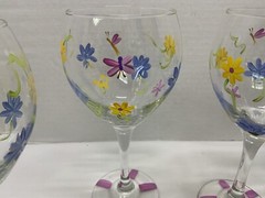 Hand Painted Clear Stemmed Goblets – Flowers & Dragonflies – 8.5” T – Preowned