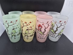 Vintage Mid Century Modern Frosted Pastel Color Glasses Oriental Style Set of 8