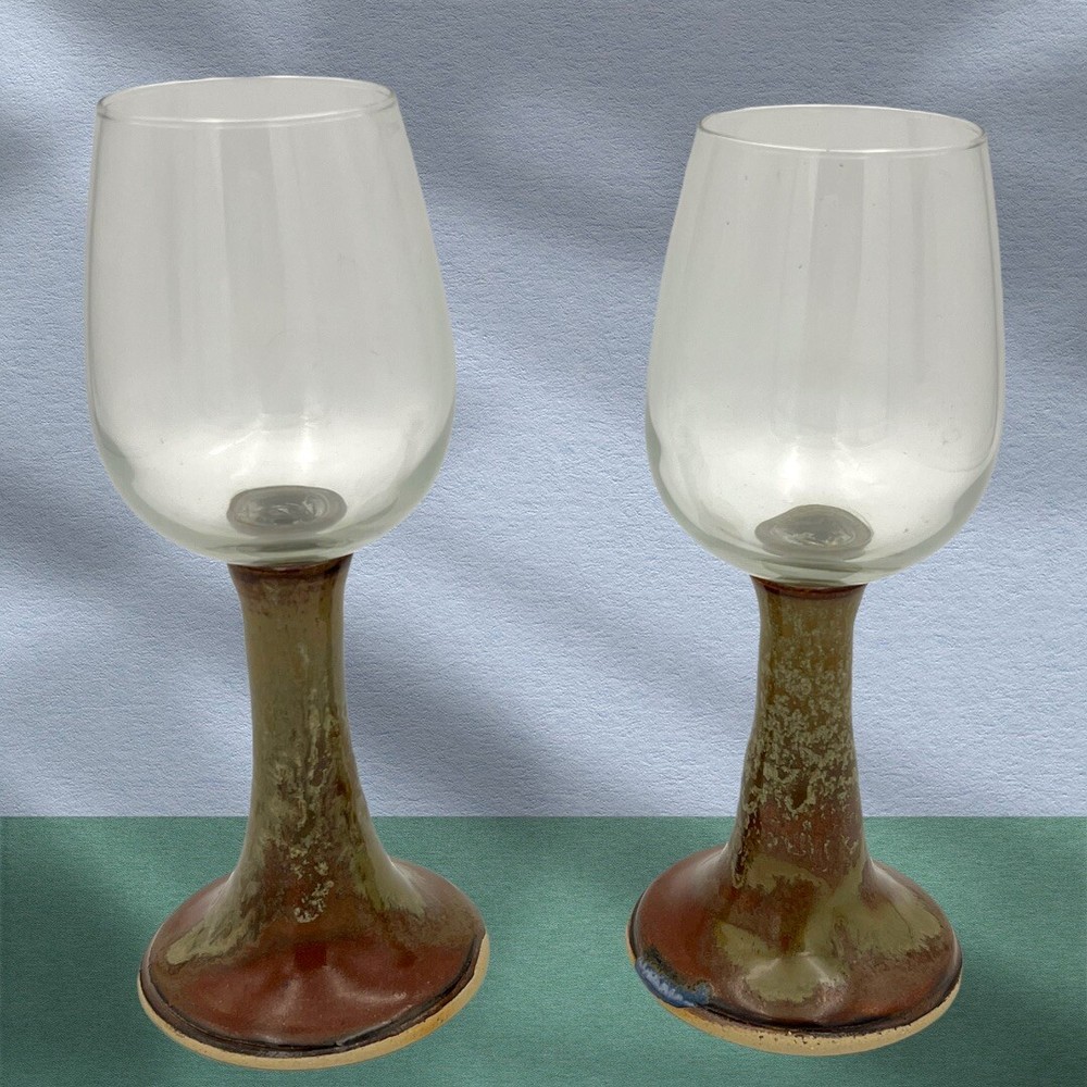 Pair Of Hand Thrown Pottery Wine Glasses With Pottery Stems And Glass Cups