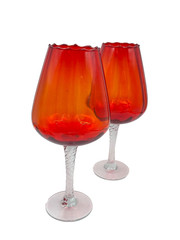 2 VTG Red / Orange Empoli Italian Glass Ribbed Optic Wine Goblet Swirl Stem MCM