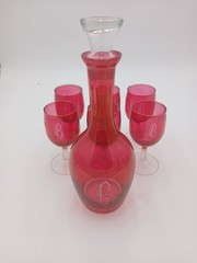 Vintage West Virginia Glass Ruby Red Goblets (6) w/ Decanter Etched “B” Monogram