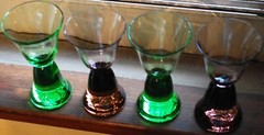 Vtg Set 4 MCM WINE BELL GLASSES Hand Blown SOLID CONE BASE 2 Purple 2 Green