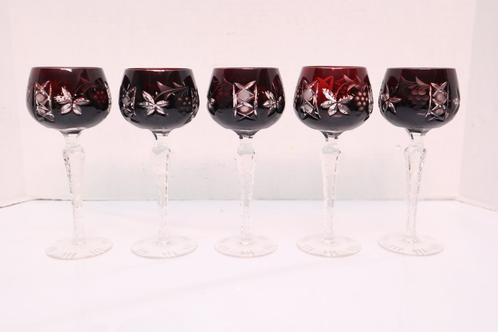 SET of 5 BOHEMIAN CZECH CUT TO CLEAR Hock Wine GLASSES Goblets RUBY RED 8″