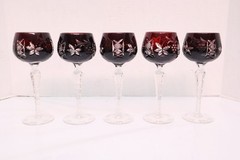 SET of 5 BOHEMIAN CZECH CUT TO CLEAR Hock Wine GLASSES Goblets RUBY RED 8″