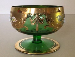 BOHEMIAN GLASS~Four Antique 2 3/8” Stemmed Glasses~Hand Painted~Mid-19th. Cent.