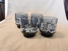Set of Four Libby Mary Gregory Glasses, Blue & Embossed White Kids Fishing Scene