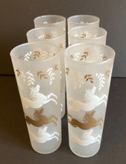 Vintage Libbey Barware Drinking Glasses Cavalcade Horses Stallions Frosted Gold