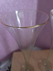 Block Crystal CELEBRATION 2 Hollow Stem Champagne Flutes Optic Gold Rim 10″ Vtg