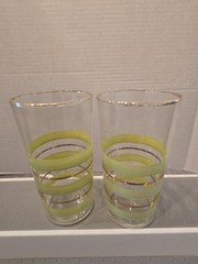 Vintage MCM Frosted Pastel Striped Pitcher And Glass Set – Retro 1950s Gilded