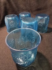 Vintage Anchor Hocking Spring Song Daisy Blue Juice Glass Set/2 Mid Century USA