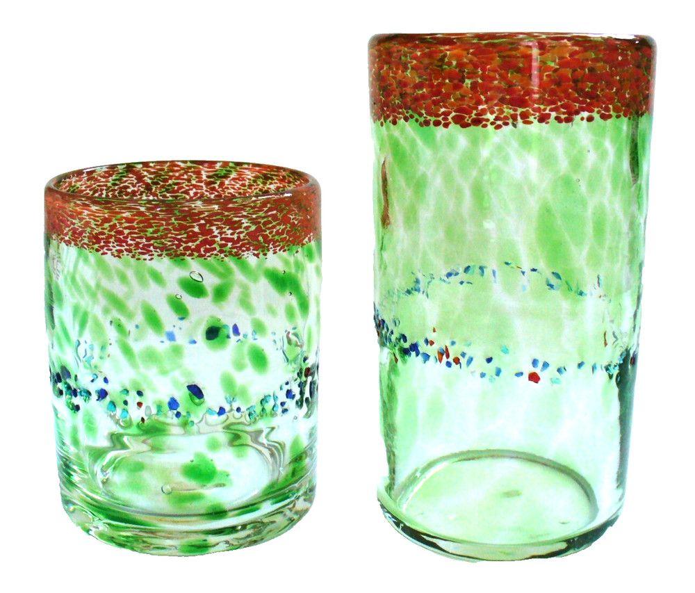 2~BLOWN GLASS~Green~SPOTTED~Wide Border~4.25″x3.25″~ROCK GLASS~6″x3.25″~TUMBLER