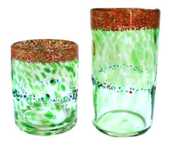2~BLOWN GLASS~Green~SPOTTED~Wide Border~4.25″x3.25″~ROCK GLASS~6″x3.25″~TUMBLER