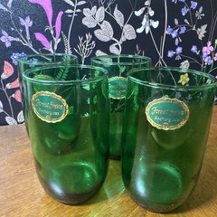 Set of 4 Anchor Hocking Forest Green Roly Poly 8oz Glasses Tumblers with Labels