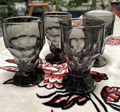 Vtg Anchor Hocking Georgian Smoke Glass Mugs, Goblets, Wine Glasses 12 Piece Set