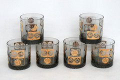 Coins of the World Lowball Bar Glass Set 6pc Black with 22k Gold Design 4920B
