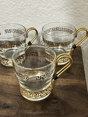 3 Vintage Libbey Gold Greek Key Continental 8 Oz Coffee Mugs Grandmacore VTG
