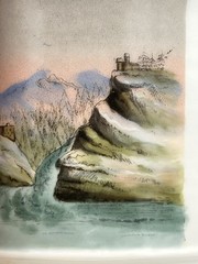 Antique Ceramic CupMug Hand Painted Scene of European Castles on River