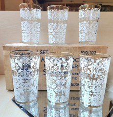 🥛 Vintage Anchor Hocking White Florentine 22kGold Rim Tumbler Glasses +Orig Box