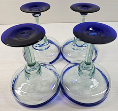(4) Pier 1 Cobalt Rim Margarita Glasses Set Hand Blown Drinking Stemware Bar Lot
