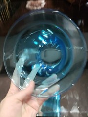 Flared Bowl CANDY DISH & LID 6″ Turquoise Aqua Blue Peacock Glass vtg UV Glow