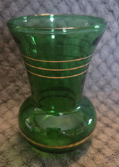 Vtg Anchor Hocking Forest Green Glass Flared Bud Vase Gold Bands Vanity 3.75″