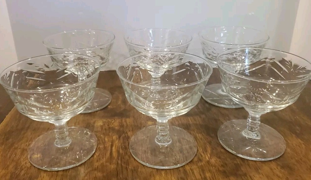 Vintage 1940s Etched Rock Sharpe Dessert Sherbet Glasses Star Bottom Set of 6