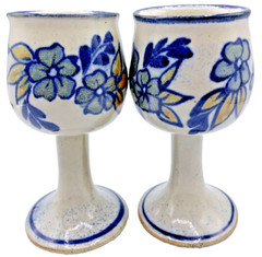 Set of 2 Vtg Ceramic 8 Oz Wine Goblets Handmade Signed Rustic Floral Design