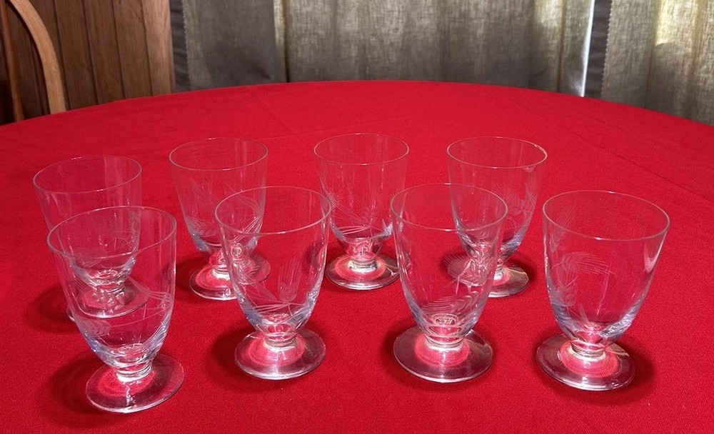 Etched Crystal Glasses Set of 8 Wheat Pattern Wine Water Juice Tea Vintage MINT!