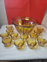 Vintage Indiana Iridescent Carnival Glass Marigold Punch Bowl Set 12 Grape Cups
