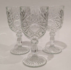 3 LIBBEY Water Goblets Hobstar Starburst Heavy Pressed Glass 12 oz 7″T, Vintage