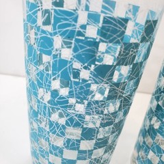 Vtg MCM Turquoise Checkered Spaghetti String Tumblers 12oz Tall Drinking Glasses
