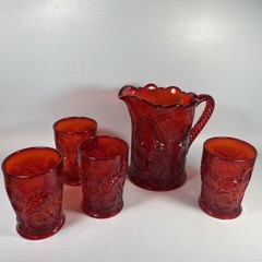 Vintage Mosser Glass Ruby Red Inverted Thistle 5-Piece Set Pitcher & 4 Tumblers