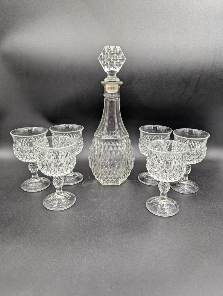 Vintage Indiana Glass Diamond Point Clear Decanter w/ Stopper and 6 Wine Glasses