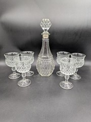 Vintage Indiana Glass Diamond Point Clear Decanter w/ Stopper and 6 Wine Glasses
