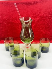 VTG 8 Piece Lot SASAKI CORONATION CRYSTAL DARK GREEN Avocado Pitcher And Glasses