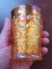 Pretty Marigold Fenton Carnival Glass Strawberry Scroll Pattern Tumbler