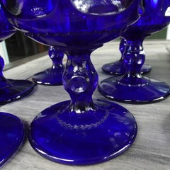 Set 7 Imperial by Tiara Glass Cobalt Blue Kings Crown Thumbprint Water Goblets