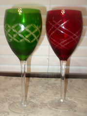 Red & Green Cut to the Clear Long Stem Wine Glasses Set of 2