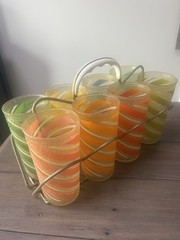 1950s–60s Frosted Stripe Glasses & Caddy Set – Colorful MCM Barware