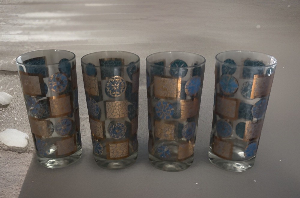 Vintage Set Of 4 CULVER CARNIVAL Design Gold And Turquoise Highball Glasses