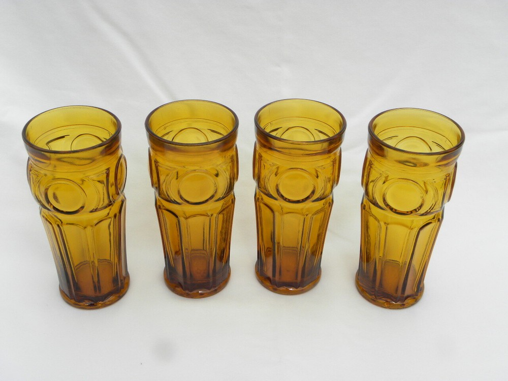4 Vintage Wheaton Glass Amber Glass Bullseye 16 oz. Tumblers 6 3/4″