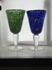 Set Of 2 Hand Blown Millefiori Murano Leonardo Style Art Glass Goblets