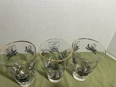 3 Vintage Cocktail Sailing SHIPS Bar Glasses Gold Trim Highball Glass MCM 5.5″