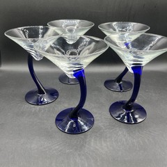 Set of 5 Vintage Libbey Bravura Cobalt Blue Curved Stem Martini Glasses