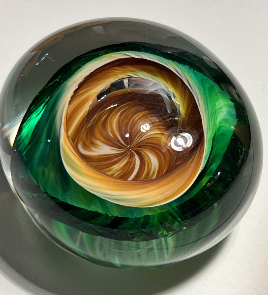 Vtg Hand Blown Art Glass Swirl Paperweight Emerald Green Amber Brown Cavern Orb
