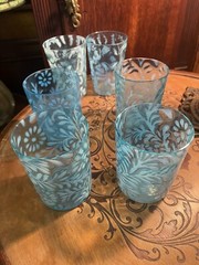 BEAUTIFUL SIX VICTORIAN NORTHWOOD BLUE OPALESCENT POINSETTIA TUMBLERS C1902