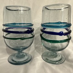 Vintage Looking Hand Blown Heavy Art Glass Green & Blue Applied Swirl/Stripes