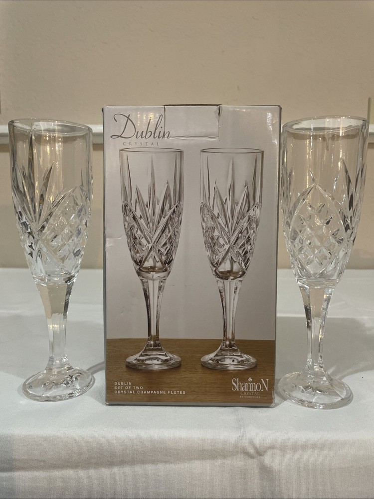 Dublin Shannon Crystal Champagne Flutes 6oz Set of 2 New In Box- Godinger