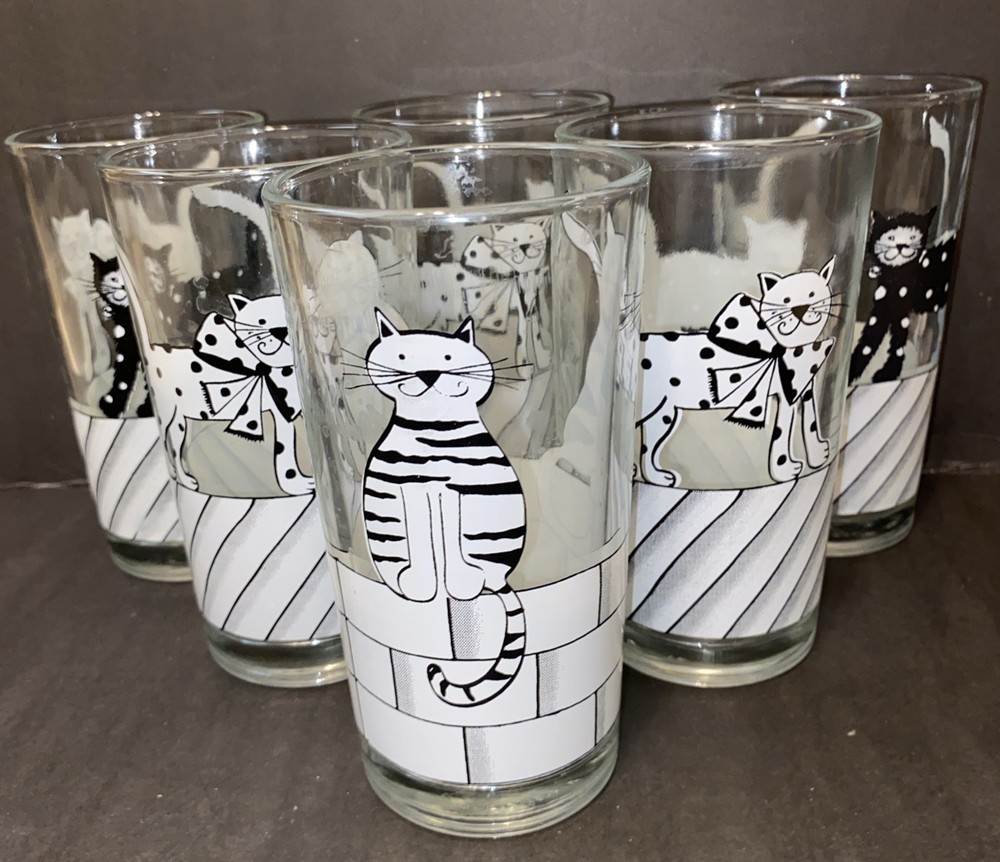 Set Of 6 Vintage Black & White Cat Highball Tumbler Drinking Glasses Bar Ware