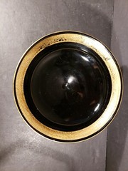 Black Glass Compote 8.25″d 3.75″h Wide Gold Border